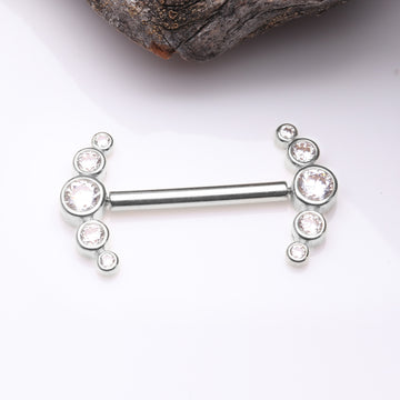 Detail View 1 of A Pair of 14 Karat White Gold OneFit Threadless Sparkle Ray Multi-Gem Nipple Barbell-Clear Gem